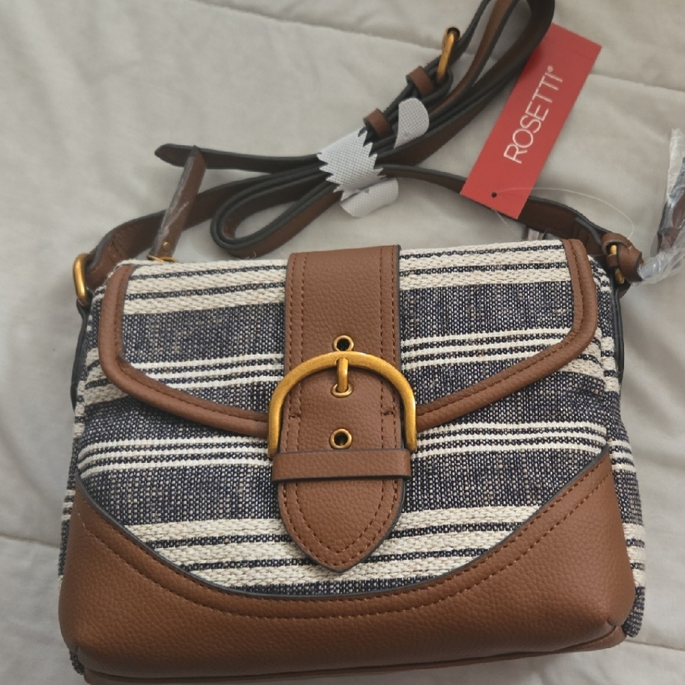 Rosetti Tan and Navy Striped Crossbody Bag
